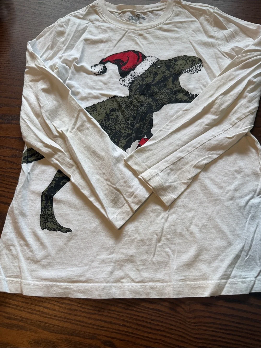 OshKosh B'gosh White Long-Sleeve Dino Tee with Red Santa Hat and Present